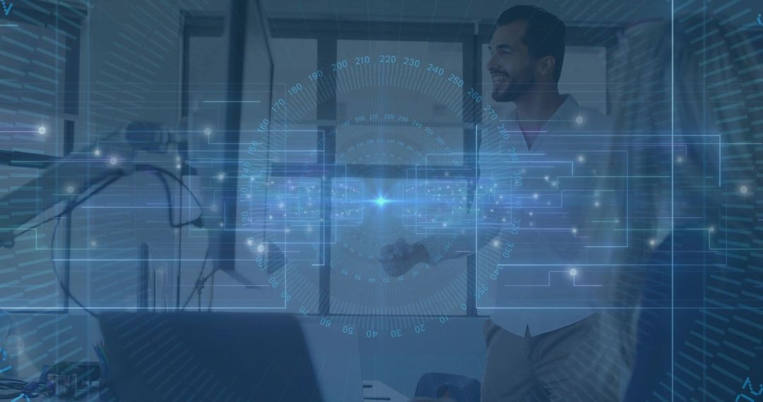 Smiling physician shaking hand with colleague amid holographic healthcare interface