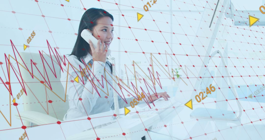 Businesswoman Analyzing Financial Data with Overlaying Graph