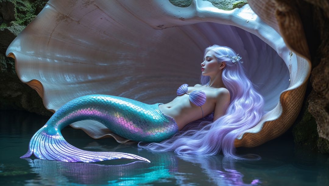 Enchanting Mermaid with Iridescent Tail Inside Giant Clam Shell