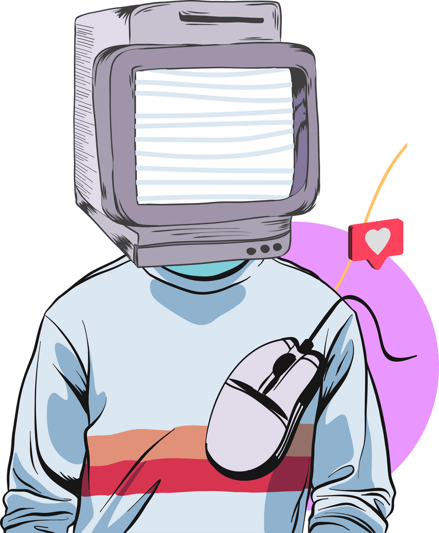 Surreal CRT Head Fantasy with Heart Icon on Transparent Background