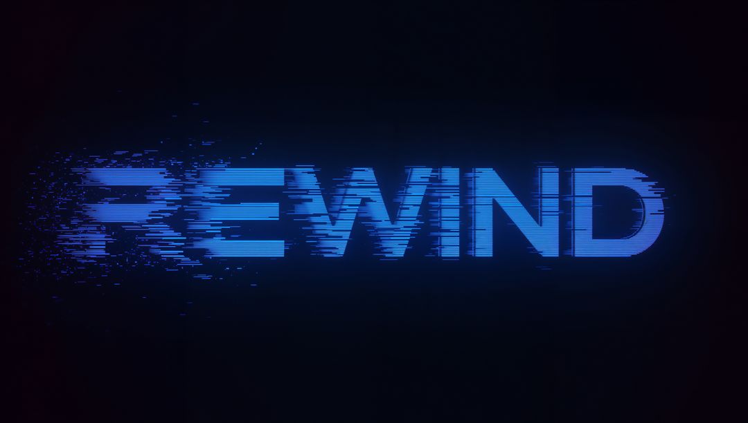 Rewind Glitch Neon Typography Fragmenting into Pixels Retro Futuristic Cyberpunk Text