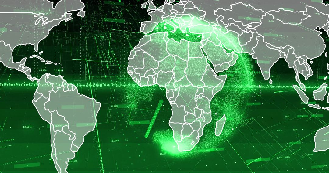 Digital Data Processing with World Map Overlay in Green