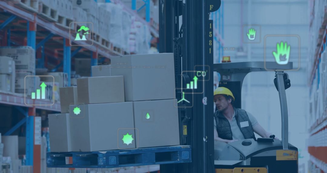 Warehouse Worker Operating Forklift with Eco Technology Icons