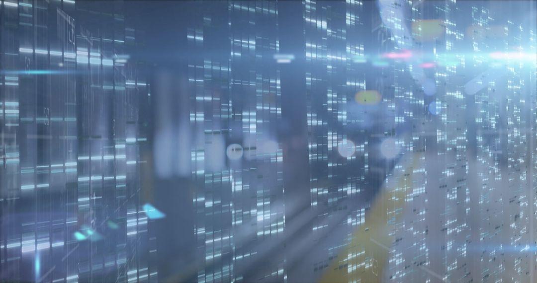 Digital Matrix Overlays Blurring Urban Cityscape