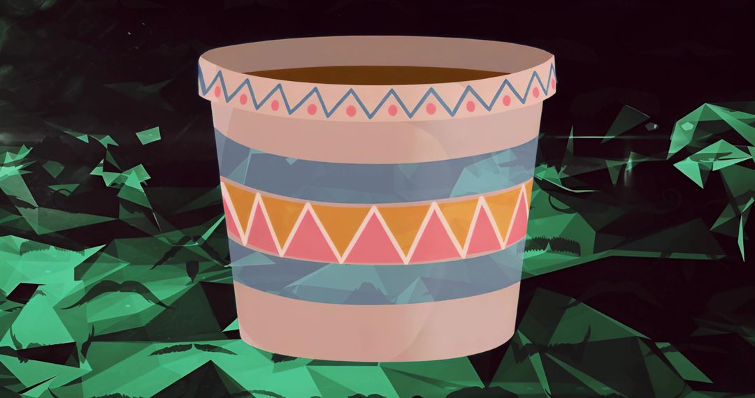 Decorative geometric planter pot with colorful zigzag pattern on abstract green background