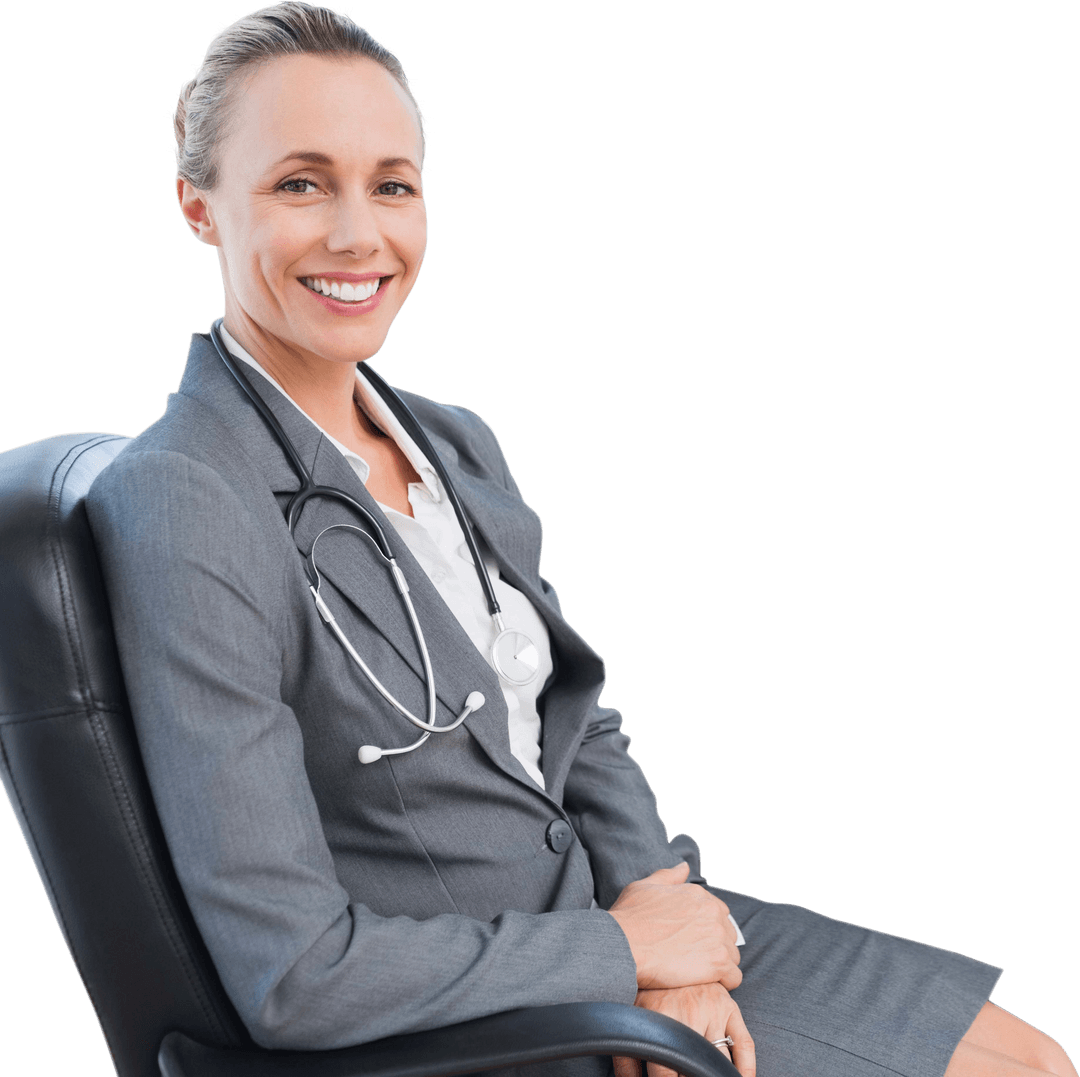 Caucasian Female Doctor Smiling in Professional Attire on Transparent Background