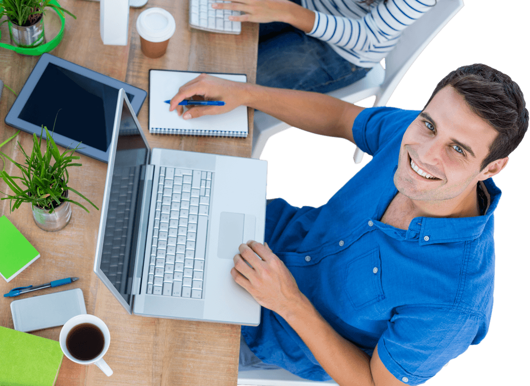 Transparent Creative Businessman Smiling at Desk Working