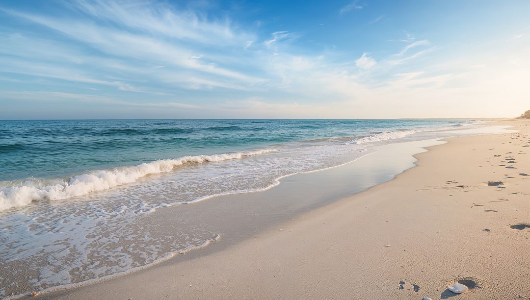 Turquoise Surf Lapping Soft White Sand Beach Showing Footprints and Shells at Sunrise