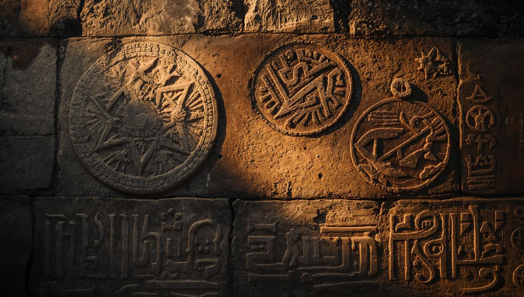 Sunlit ancient temple stone medallions and bas-relief carvings with weathered patina