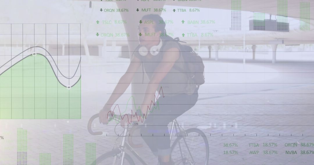 Financial Analytics Overlay on Male Cyclist in Urban Setting