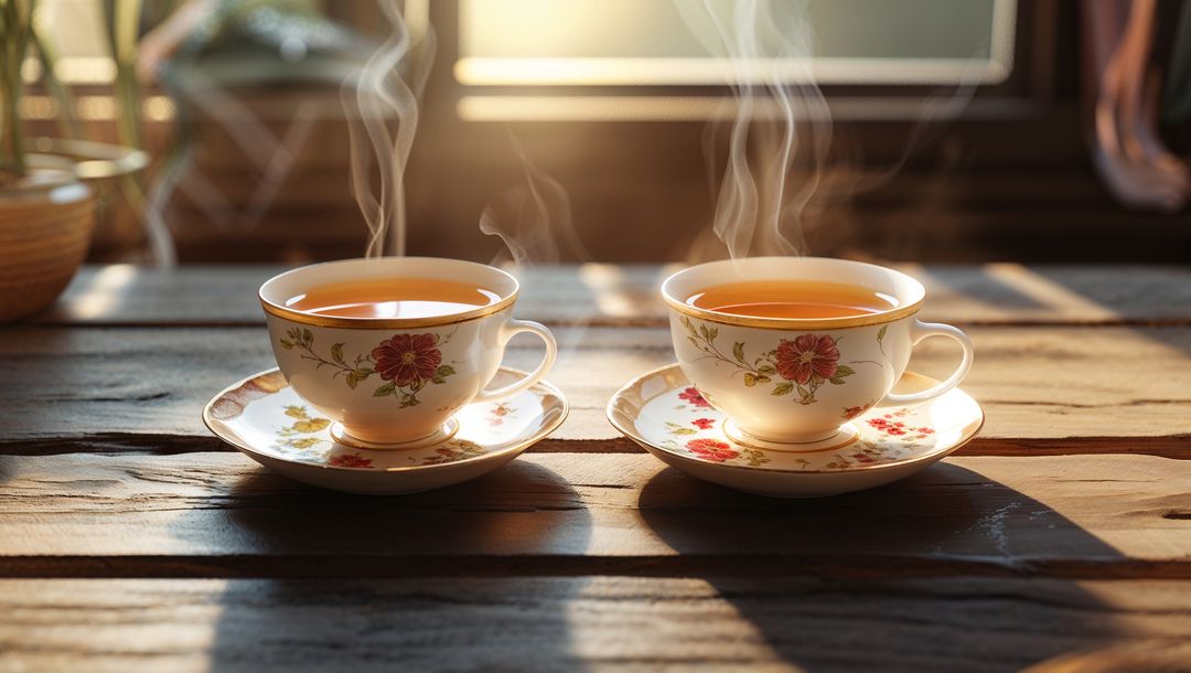 Steaming lovers tea in floral china cups on rustic wooden table