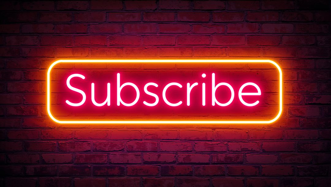 Neon Subscribe Button Glowing Pink-Orange on Red Brick Wall with Dramatic Glow