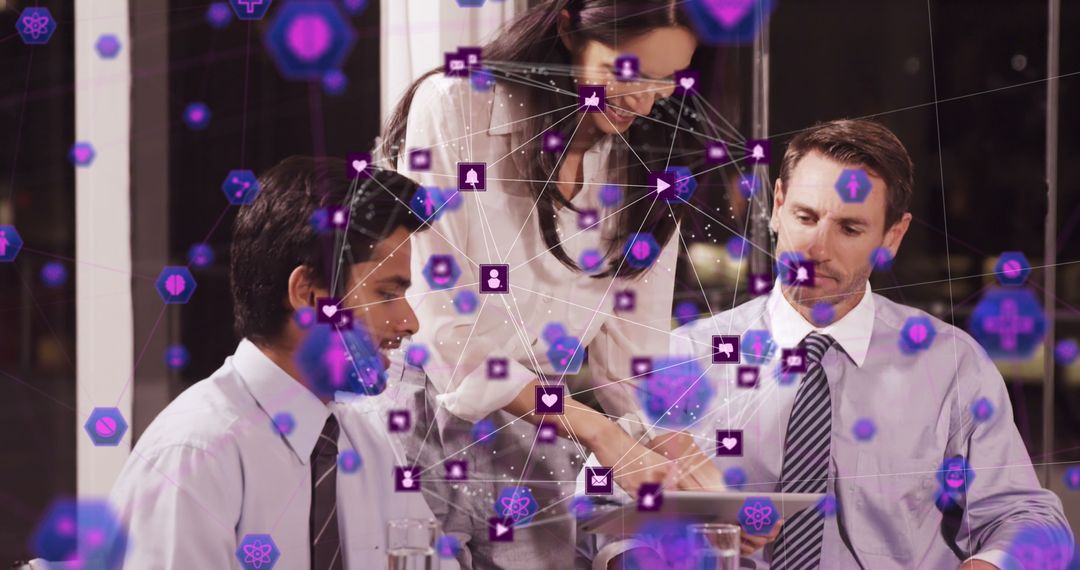 Digital Network and Diverse Team Collaborating in Modern Office