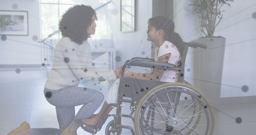Mother Comforting Child in Wheelchair with Digital Network Overlay