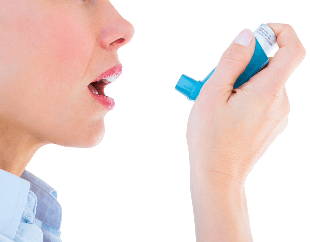 Close-Up of Woman Administering Asthma Inhaler on Transparent Background