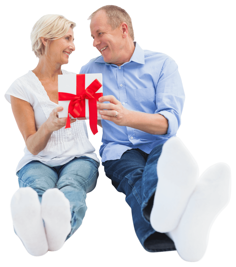 Happy Mature Couple Exchanging Gift on Transparent Background