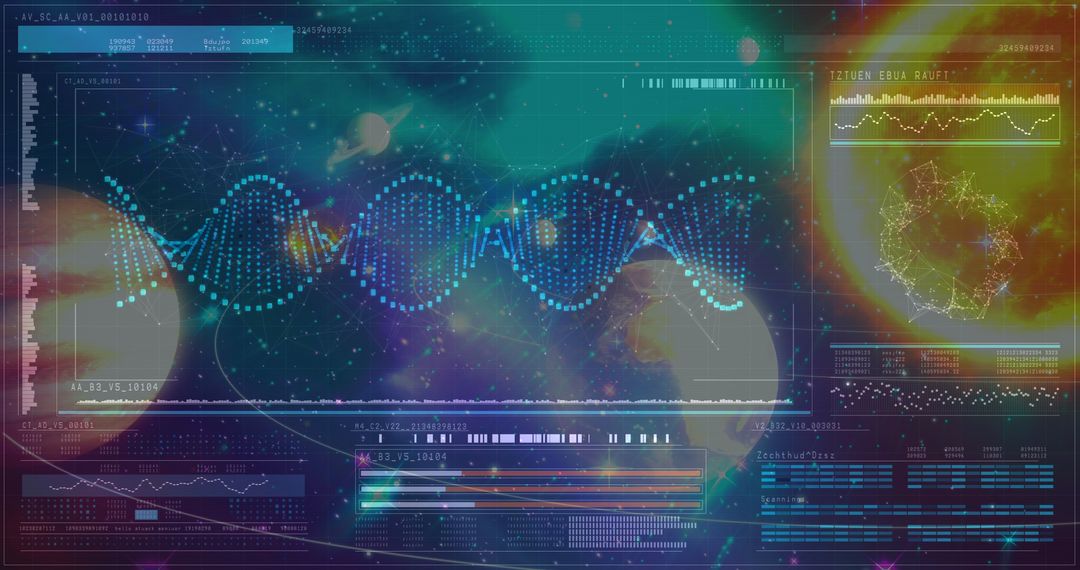 Futuristic Biotech Design with DNA Helix and Cosmic Elements