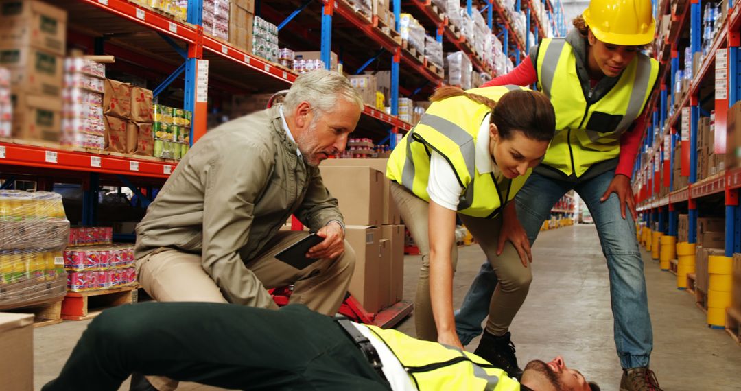 Warehouse Workers Assisting Fallen Colleague - Free Images, Stock Photos and Pictures on Pikwizard.com