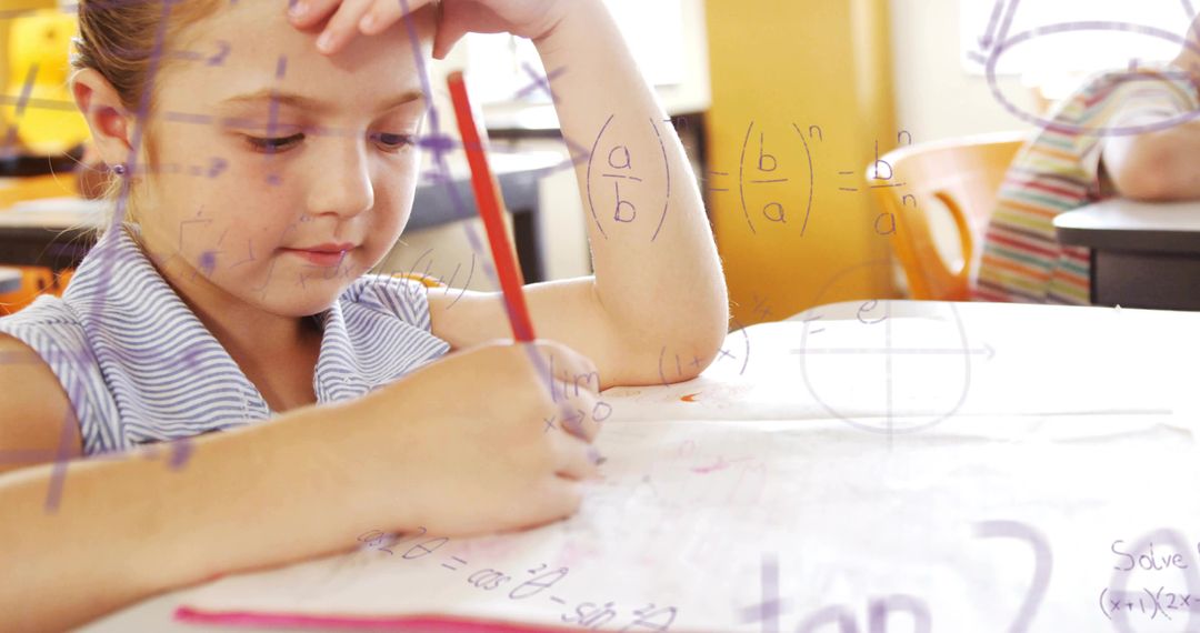 Young student concentrating on math worksheet with red pencil and handwritten equations