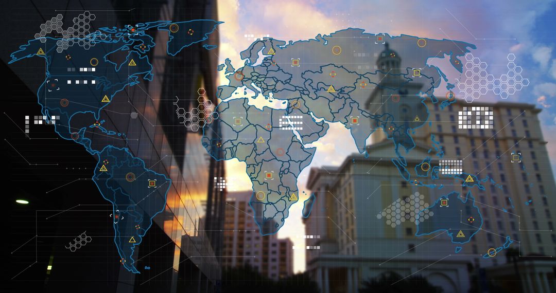 Global Digital Interface Overlaying Urban Cityscape