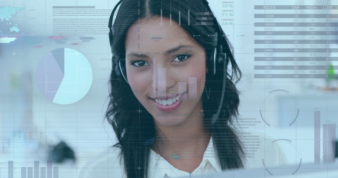 Smiling Businesswoman in Front of Digital Data Interface