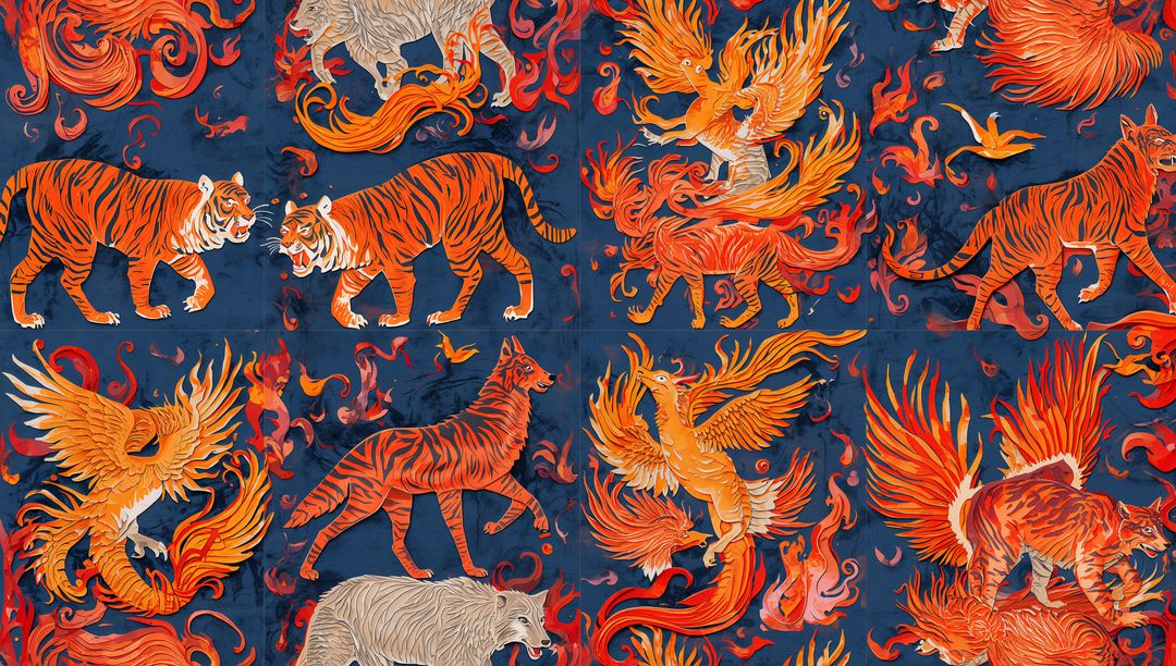 Vibrant Animal and Phoenix Pattern on Fabric