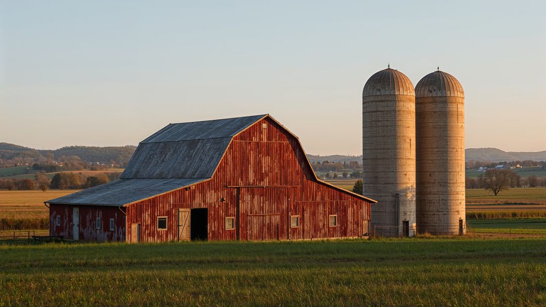 Rustic Red Barn and Silos in Serene Farm Landscape