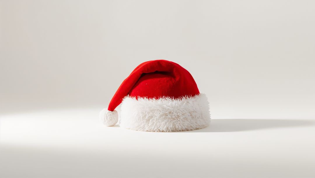 Minimal red Santa hat with fluffy white trim and pompom on clean high-key background