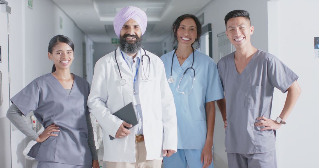 Diverse Medical Team Standing Smiling in Hospital Corridor - Free Images, Stock Photos and Pictures on Pikwizard.com