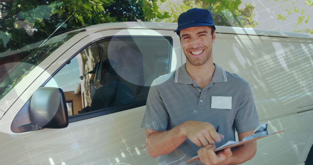 Smiling Deliveryman with Clipboard and Thumbs Up Near Van