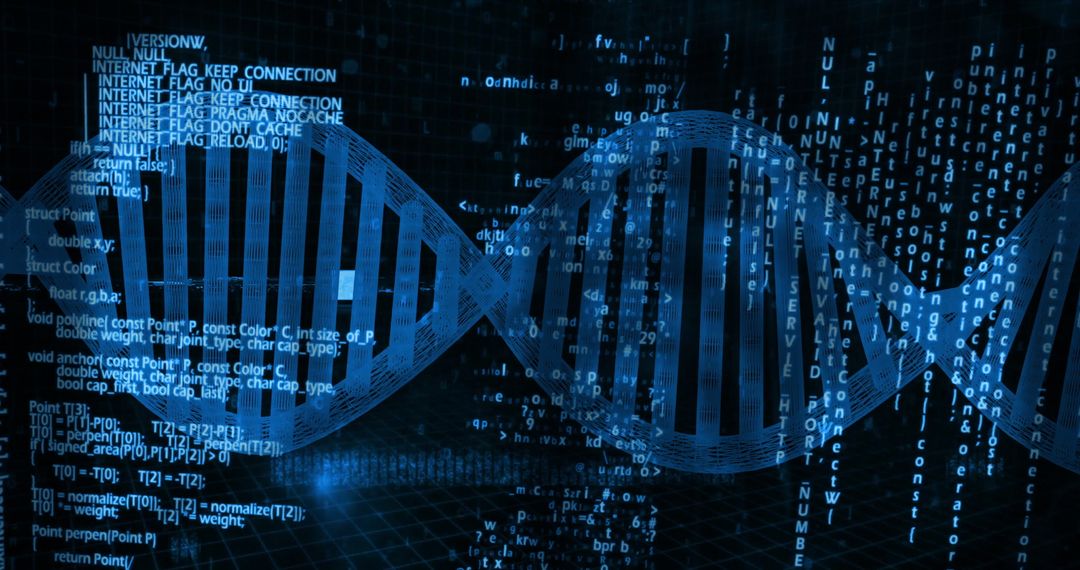 Futuristic Glowing DNA Helix with Code Elements