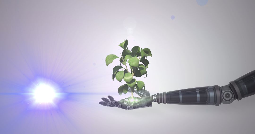 Robotic Hand Holding Growing Plant with Light Effect