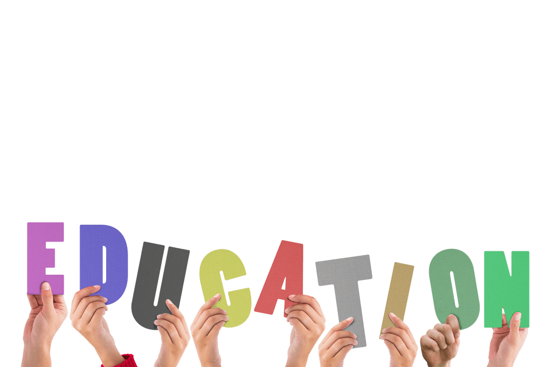 Hands Holding Colorful Education Letters on Transparent Background