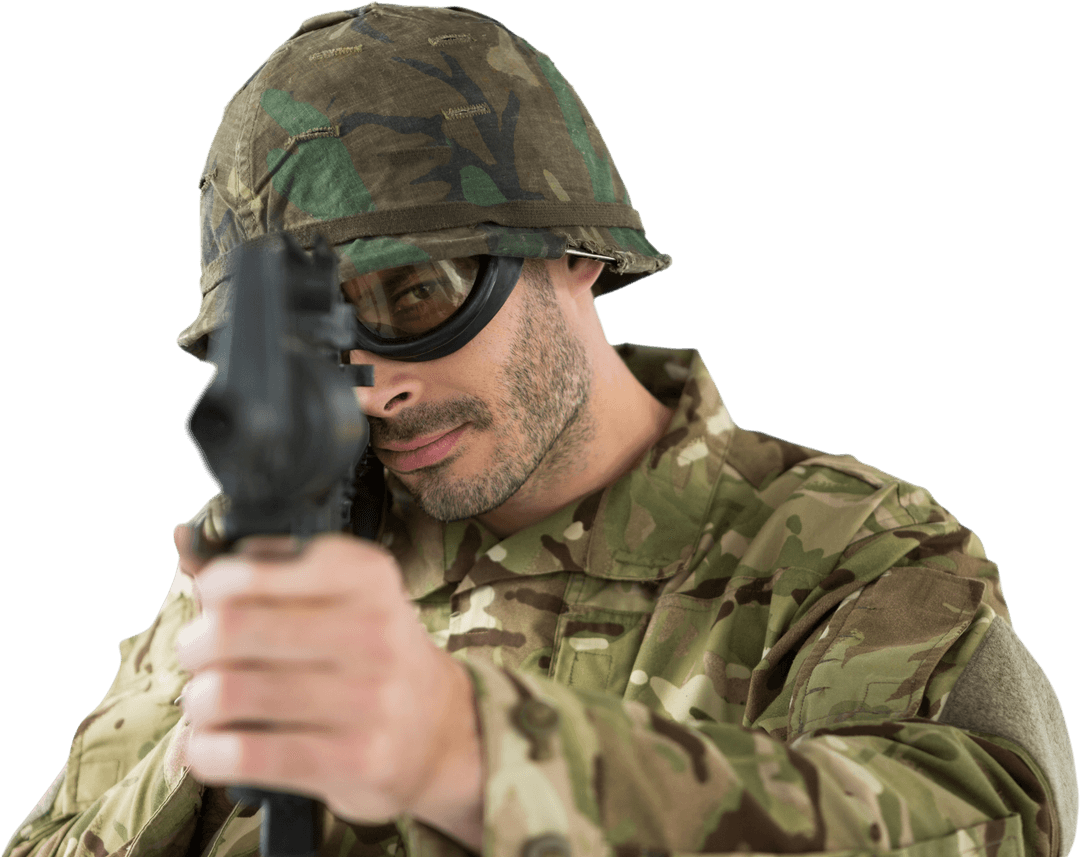 Transparent Soldier Aiming Rifle in Camouflage Gear