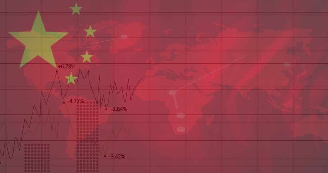 Chinese Flag Merged with Financial Data and World Map Concept