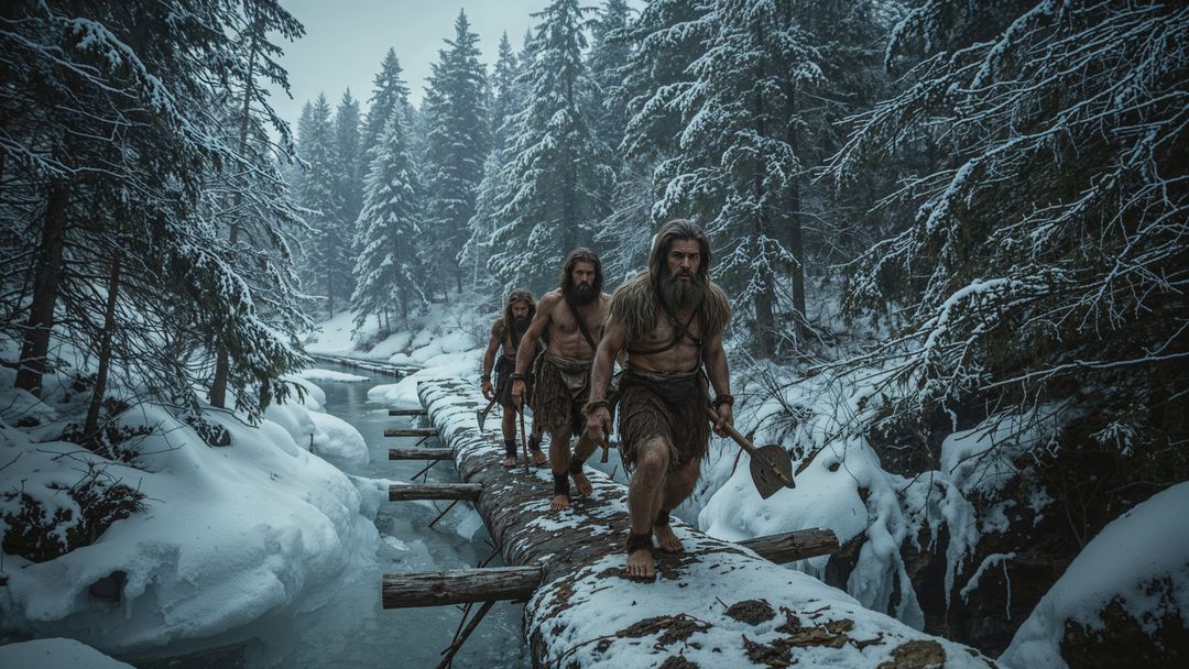 Caveman hunters traversing snowy log bridge in encased winter forest