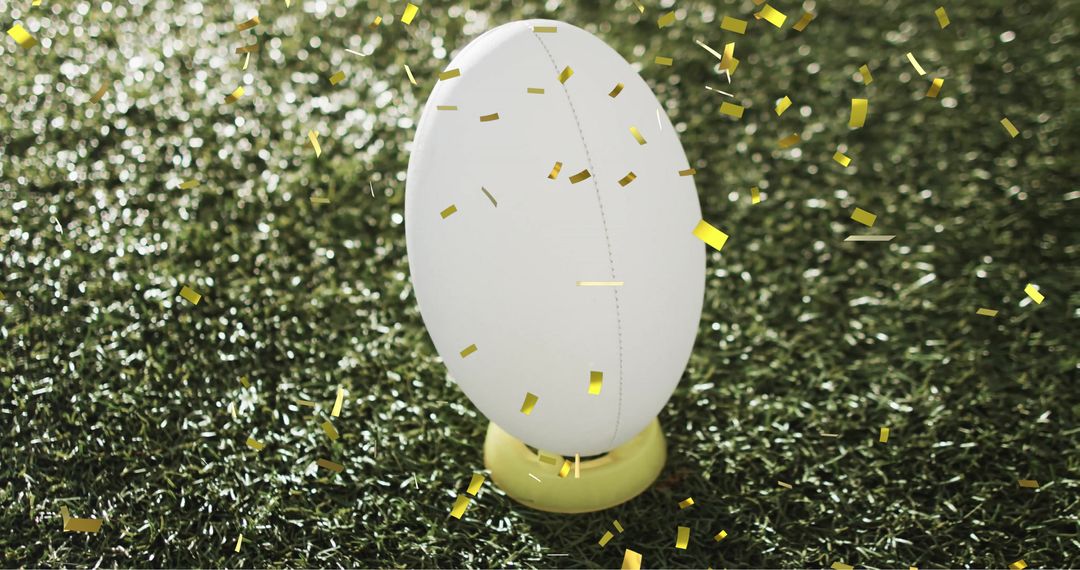 White Rugby Ball on Grass with Celebratory Confetti in Air