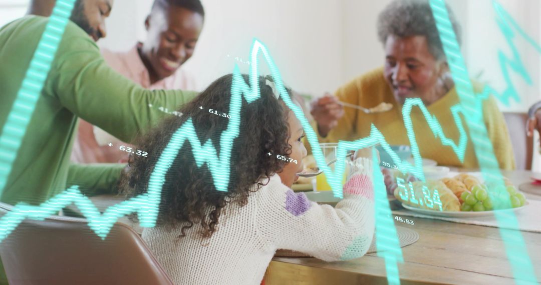 Multigenerational family eating together at sunlit table with cyan data graph overlay