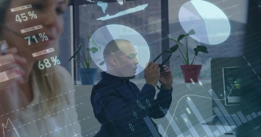 Business Professional Using Smartphone in Modern Office with Analytics Overlay