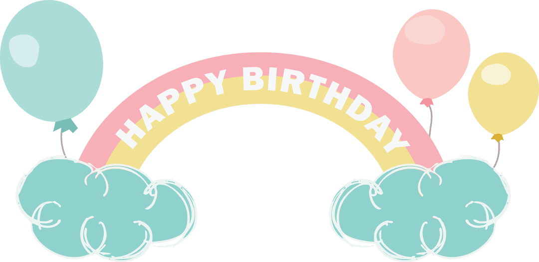 Colorful Birthday Rainbow with Clouds and Balloons on Transparent Background