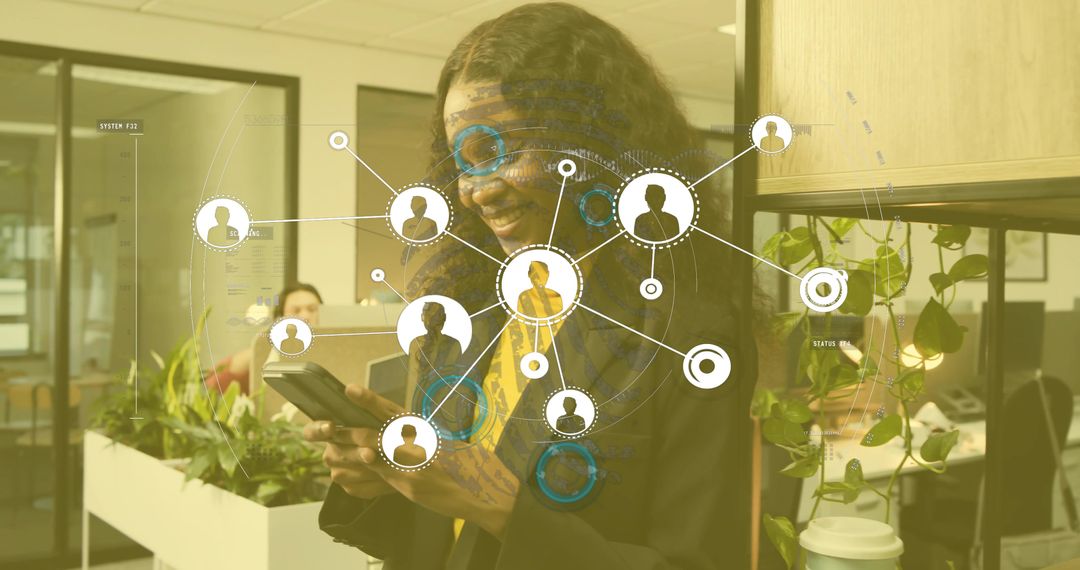 Businesswoman Using Smartphone Analyzing Network in Open Office