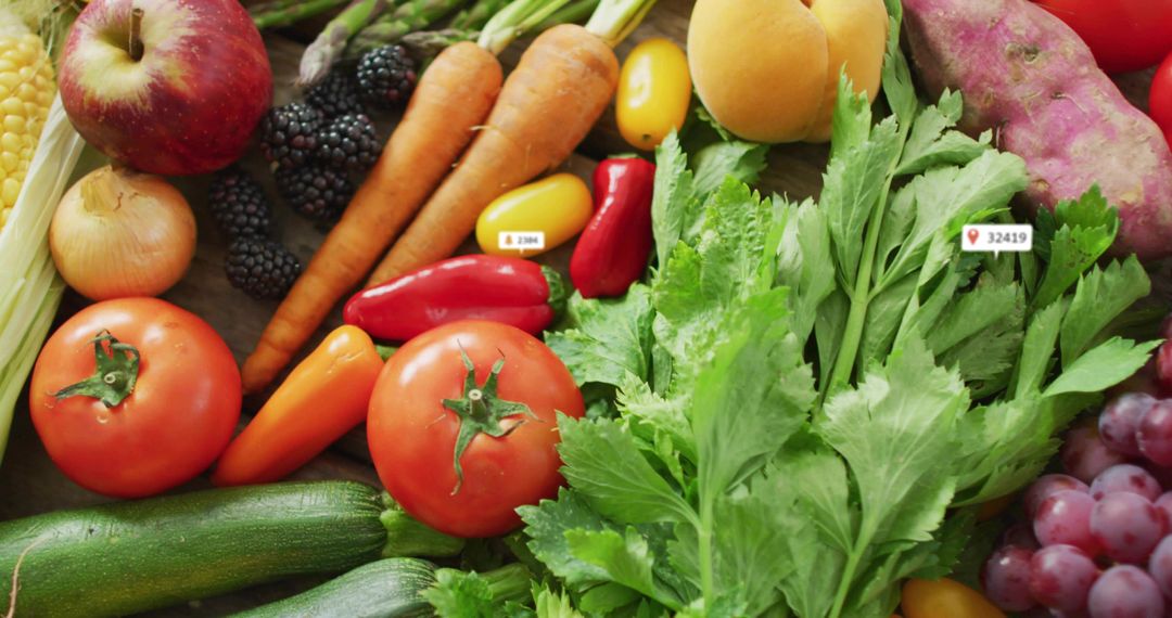 Vibrant flat-lay showing fresh fruits and vegetables with market labels on wooden countertop