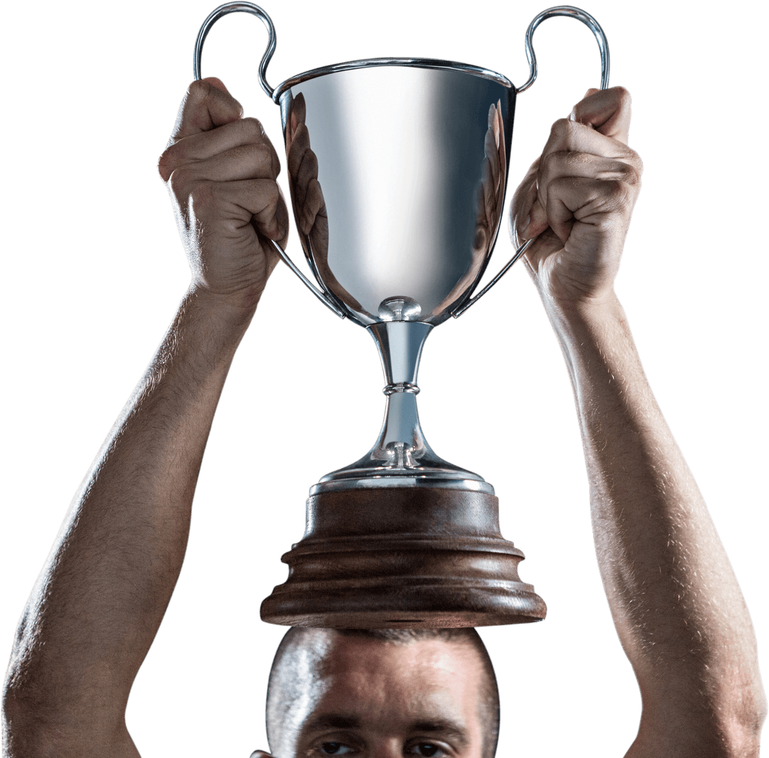Transparent Trophy Celebration Concept with Raised Hands