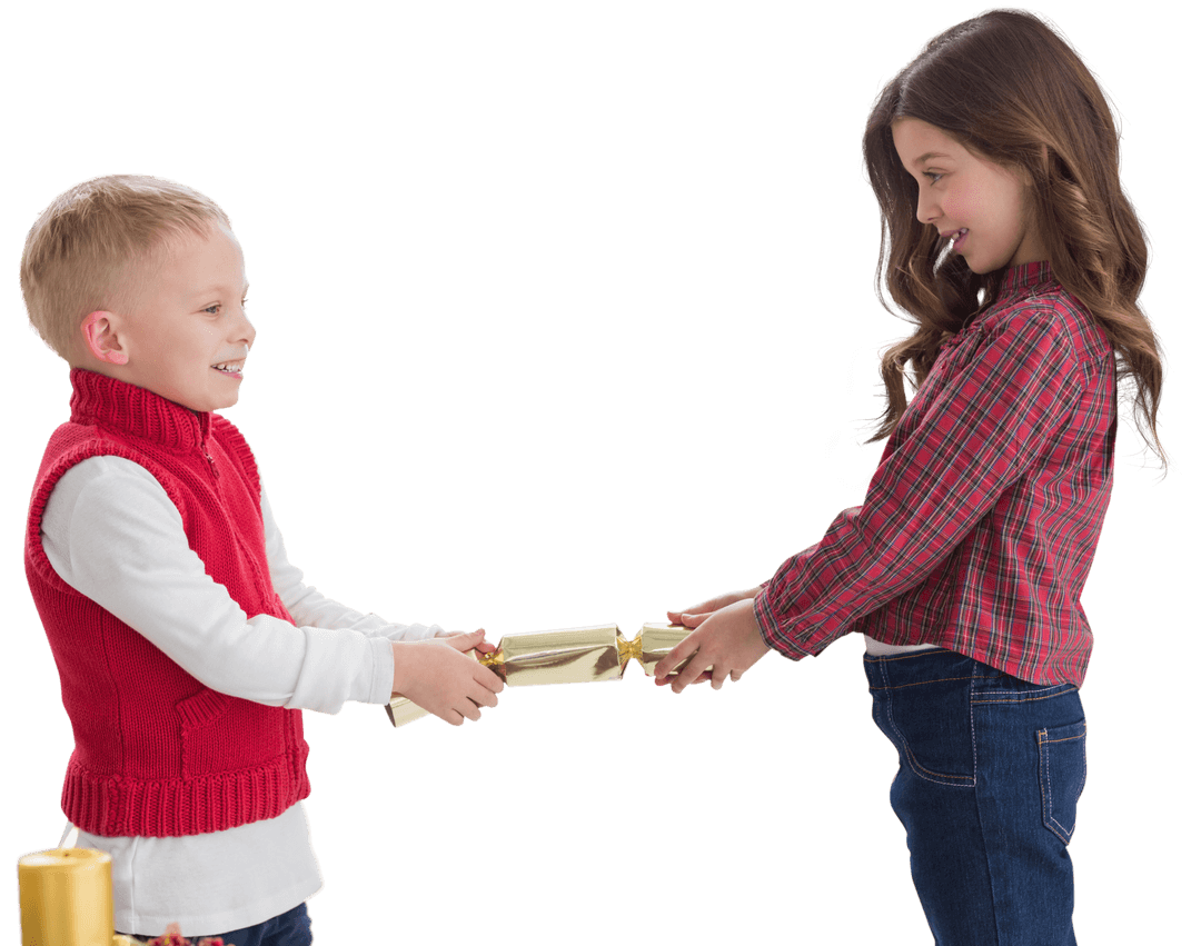 Smiling Caucasian Children Enjoying Christmas Candy on Transparent Background