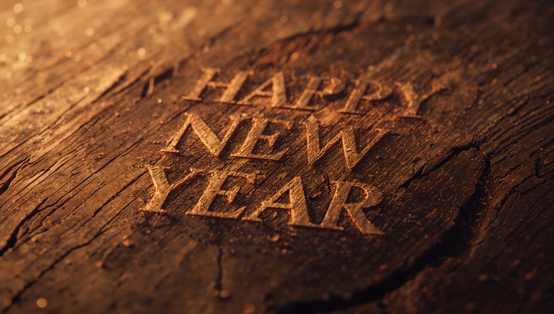 Rustic carved HAPPY NEW YEAR on weathered wood plank catching warm amber light