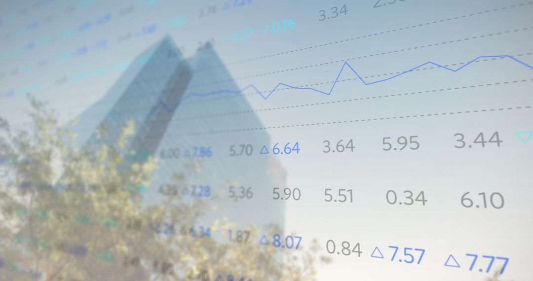 Digital Interface with Stock Market Overlay on Cityscape Background