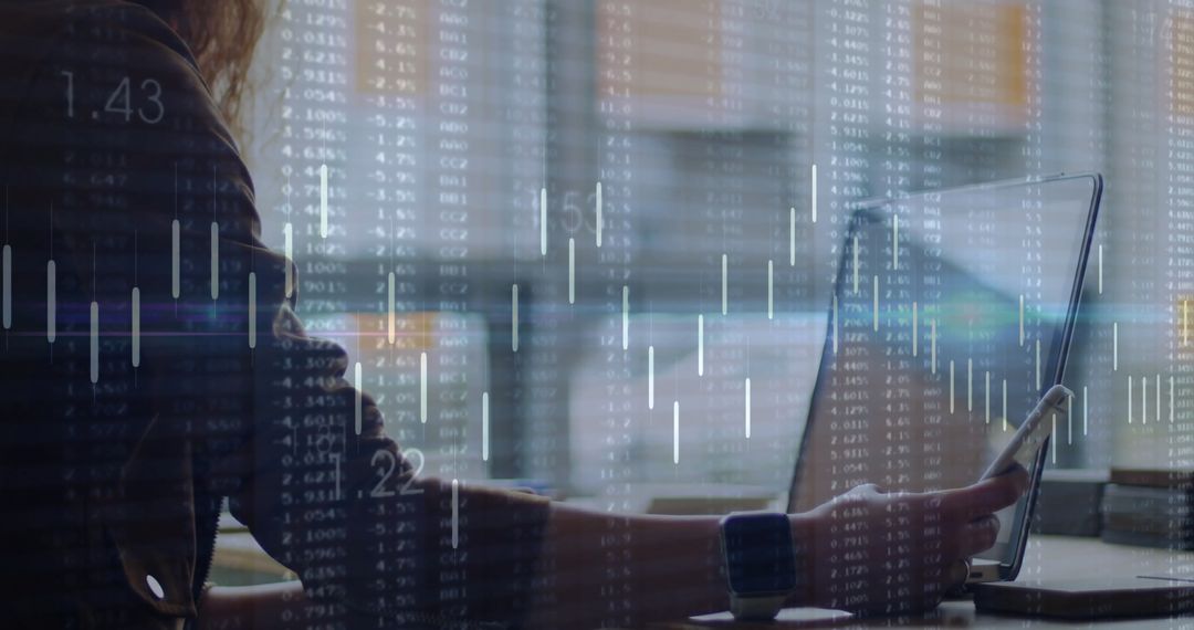 Businesswoman Using Laptop with Digital Data Interface Overlay