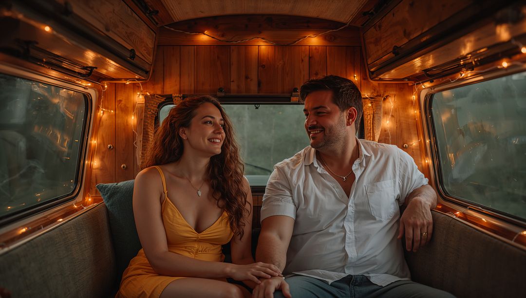 Couple Relaxing in Wood-Lined Camper with Fairy Lights, Cozy Romantic Evening