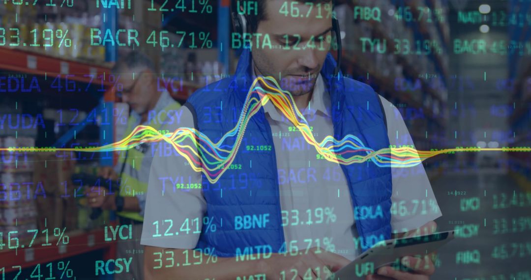 Warehouse Workers Analyzing Data Graph in Virtual Display