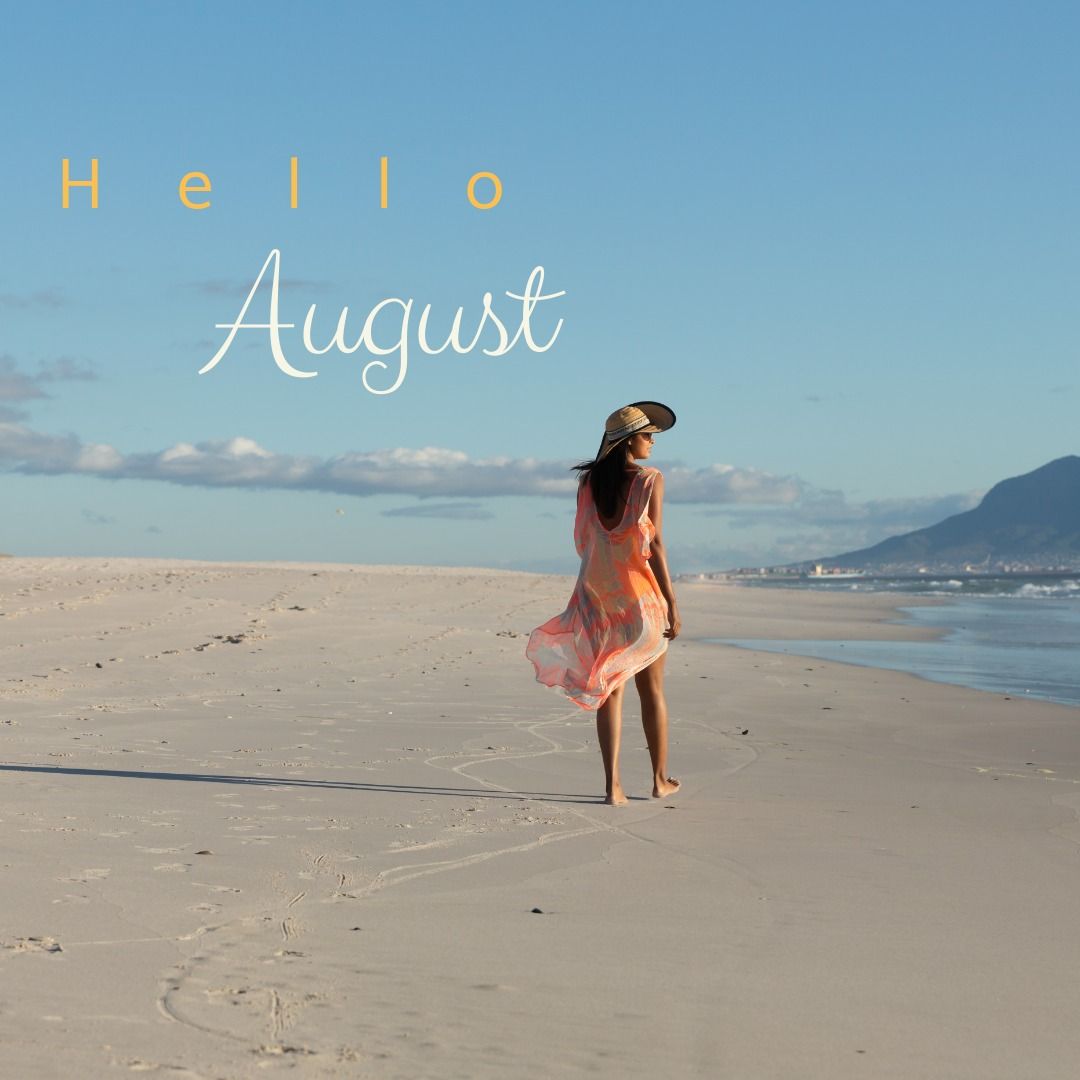Composite of hello august text and rear view of caucasian young woman walking at beach against sky - Download Free Stock Templates Pikwizard.com